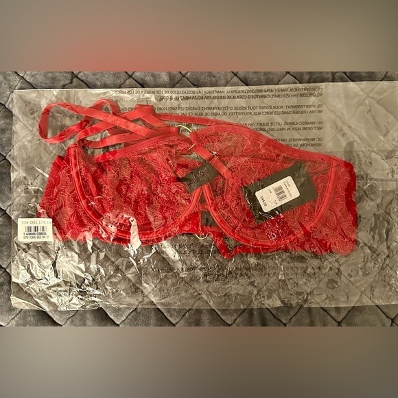 NWT Fredericks of Hollywood Red Lovers Floral Lace Bra & Thong Panty 2pc Set - Picture 2 of 5